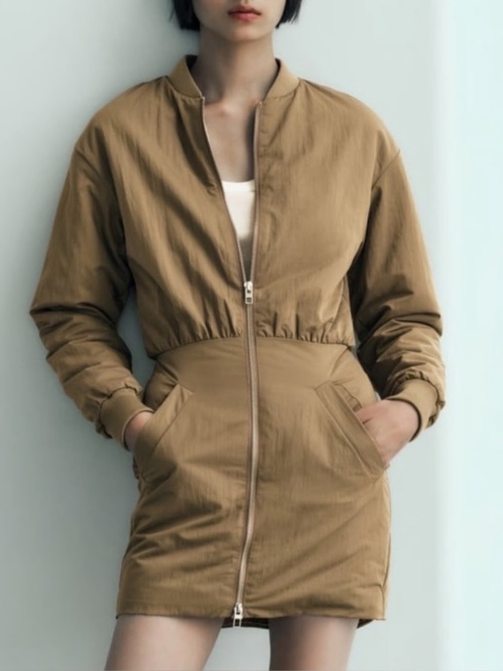 Zara Padded Olive Green Mini Bomber Dress Jacket Coat Women Sz M Streetwear Edgy